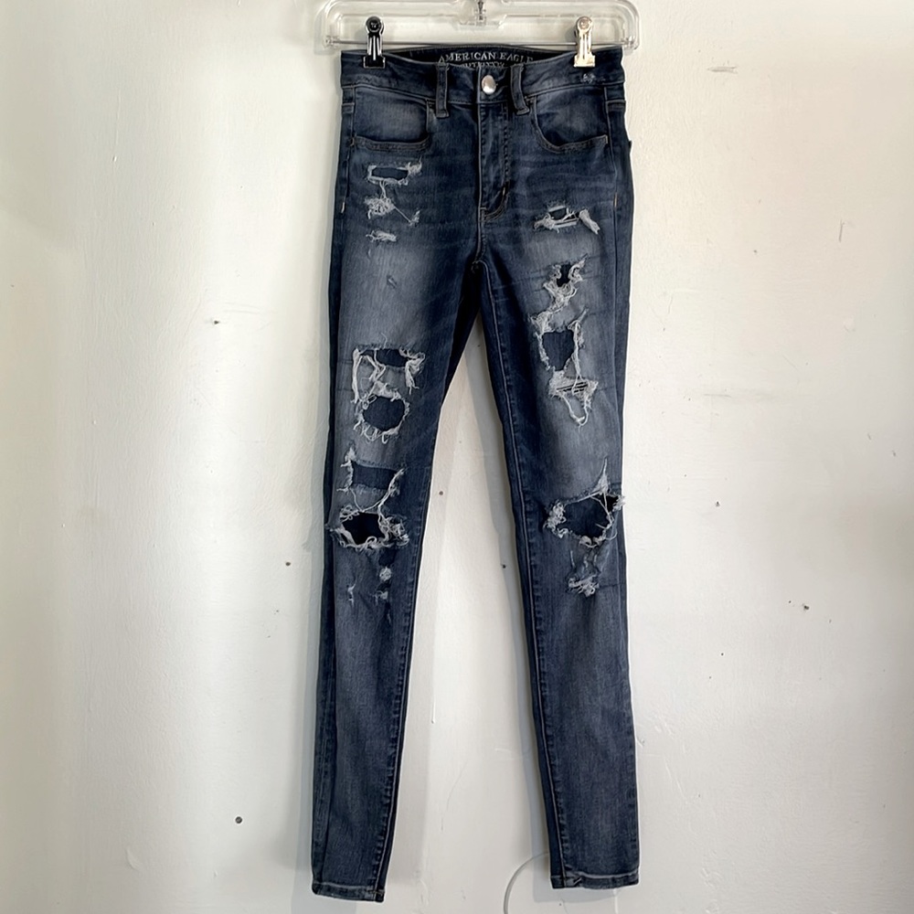 American Eagle Skinny Fit Distressed Denim, Dark Blue, size 2